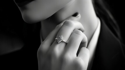 Close-up shot of a woman's hand wearing a ring, showcasing elegant jewelry on a well-manicured finger against a soft, blurred background.







