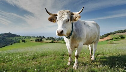 A white cow with a blue collar stands in a field