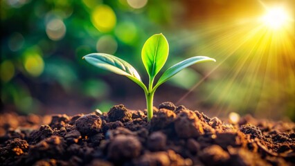 Serene close-up of a tender green shoot emerging from rich soil, symbolizing hope and renewal in a vibrant natural setting.