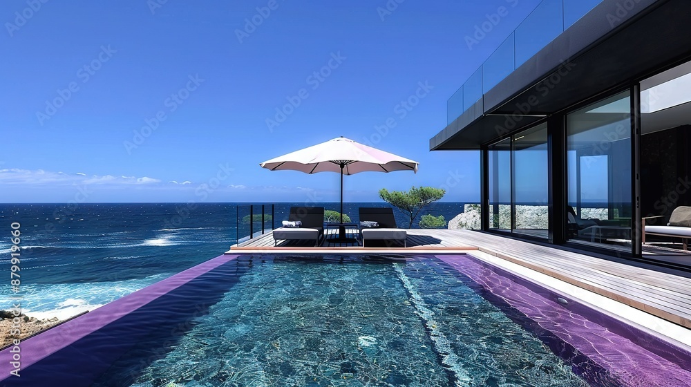 Wall mural   A swimming pool surrounded by chairs and an umbrella, with the ocean as its backdrop