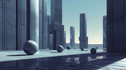Futuristic Cityscape With Spheres and Reflections