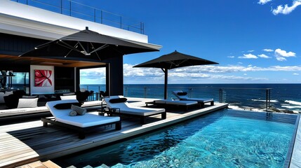 Fototapeta premium A pair of lounges sit on wooden planks near a pool by the sea