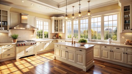 Brightly lit classic cream kitchen interior with large window allowing natural light to pour in on warm wooden cabinets.