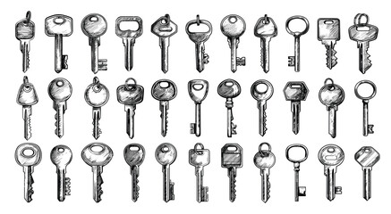 Keys sketches. Key with ring keyring for open home locks, safety estate door protection apartment security hand drawn vintage outline set vector illustration