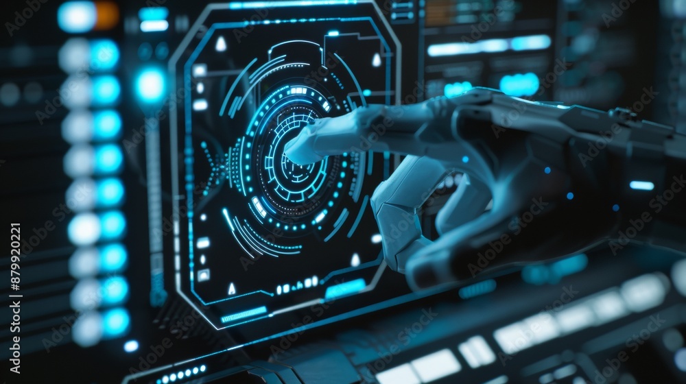 Poster a robotic hand interacting with a futuristic user interface