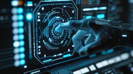 A Robotic Hand Interacting With a Futuristic User Interface