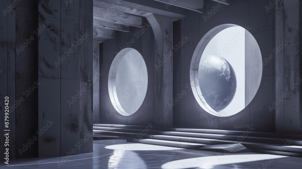 Poster futuristic building interior with large round windows and views of a distant planet