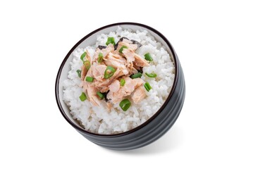 Rice bowl with salmon flakes, nori and scallion on a white isolated background