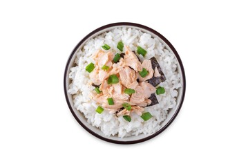 Rice bowl with salmon flakes, nori and scallion on a white isolated background