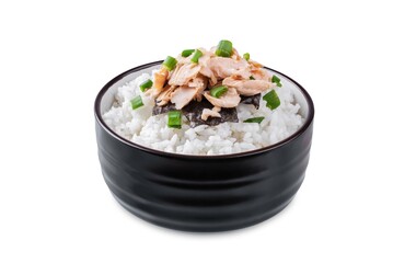 Rice bowl with salmon flakes, nori and scallion on a white isolated background