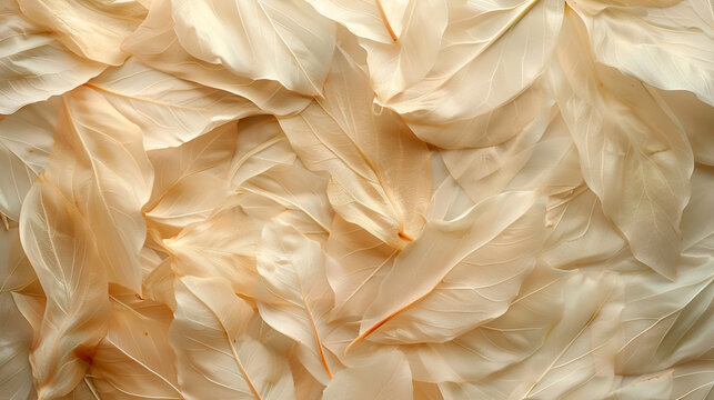 Abstract natural background or wallpaper featuring beige transparent leaves with natural texture and flower petals. aesthetically pleasing macro texture, neutral hue image with leaf veins, and botanic