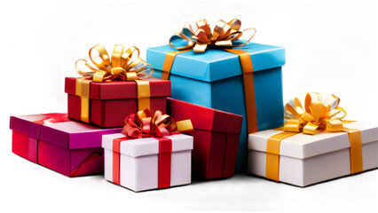 Obraz premium Stack of gift boxes different colors isolated on transparent background. PNG file, cut out 