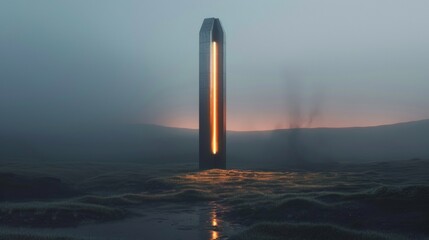 Illuminated Monolith Standing Tall in a Desolate Landscape at Dusk