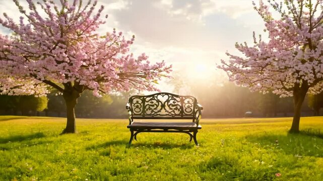 romantic bench in peaceful park in spring