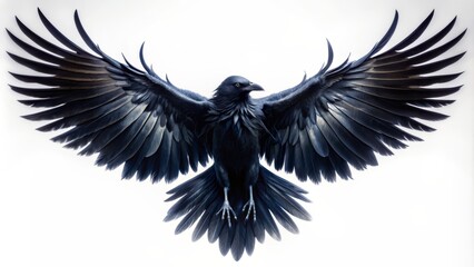 Fototapeta premium Dark majestic raven silhouette spreads ominous wings against stark white background, evoking mystique and intelligence, perfect for eerie iconography.