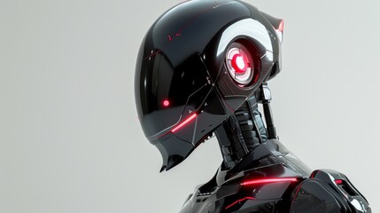 Black Robot With Red Lights Facing Right in Front of Grey Background