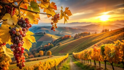 Golden hour illuminates rustling vines, ripened grapes, and rolling hills in autumnal splendor, with sharp focus on foreground, soft blurred anime-inspired background.