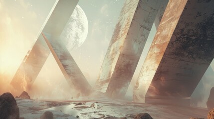 A Futuristic Landscape With Giant Structures And A Distant Moon