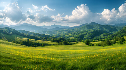 Fototapeta premium view of Romania's stunning landscape. bright afternoon. Beautiful mountain scenery in the spring. undulating hills and a meadow. rural landscape