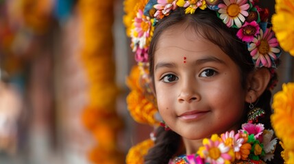 A young girl smiles at the camera, adorned with vibrant flowers