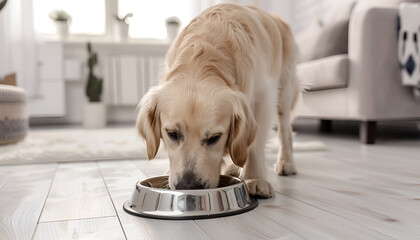 Cute dog eating food from metal bowl on white wooden floor in white modern room