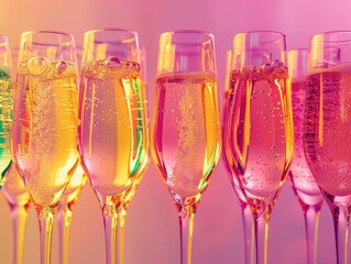 Champagne Tasting Flight: Vibrant Colors of Pink, Yellow, and Gold Bubbles in Glasses