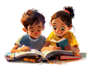 Ilustración estilo pintura, colores cálidos y alegres, niño y niña leyendo un libro, estudiando felices, con fondo transparente