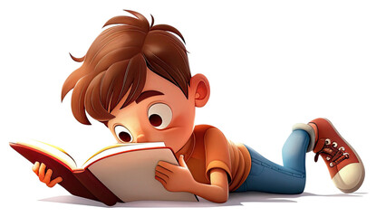 Ilustración estilo pintura o dibujo animado, colores cálidos y alegres, niño leyendo un libro, estudiando felices, con fondo transparente