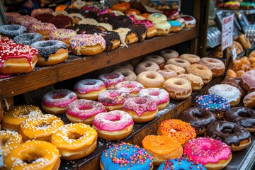 Doughnut Shop. Variety of Delicious Donuts for Sale at a Market Stall in Camden Town