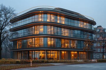 Fototapeta premium Glass office building at twilight with innovative design and elegant interiors, creating a minimalist atmosphere