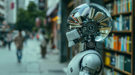 Fototapeta premium An elegant robot with a glass helmet head filled with books on a blurry background of a bookstore window