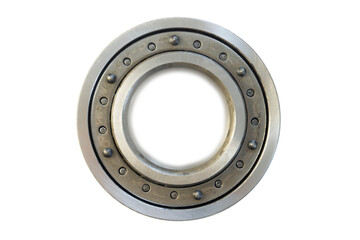 Metal ball bearing isolated on a white background, top view.  Stainless metal roller. Spare parts