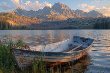 Obraz premium Idaho Nature. Sunset View of Little Redfish Lake with Fishing Boat in Stanley