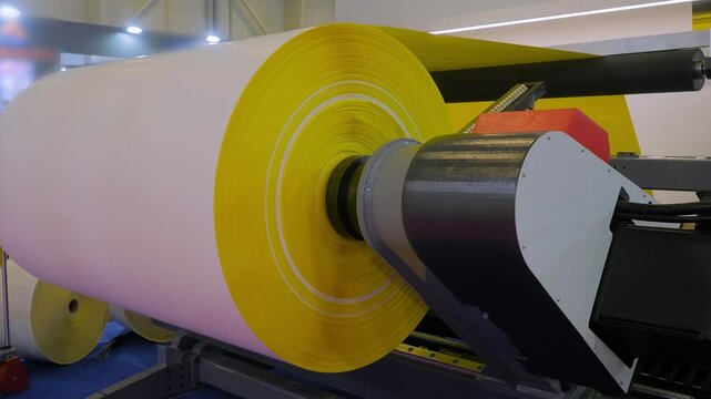 Feed roll with multilayer plastic film - part of automatic plastic bag making machine at packaging exhibition, factory: close up. Manufacturing, production, recycling and technology equipment concept