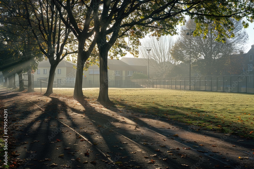 Wall mural oval shadows. long morning shadows of trees over sports grounds beside town with shop buildings in m