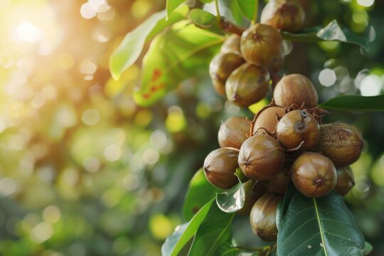 Macadamia Tree. Closeup of Hanging Macadamia Nuts on Fruit Tree in the Plantation