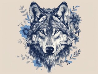 realistic front look wolf head with simple illustrative blue flowers
