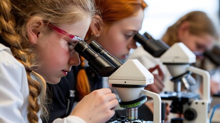 Students exploring biology with microscopes