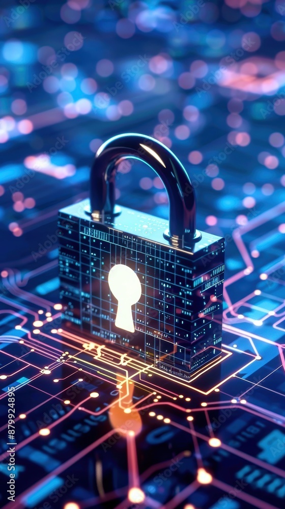 Poster digital padlock on circuit board, representing cybersecurity and data protection.