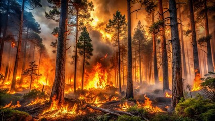 Wild inferno ravages through dense woodland, with flames engulfing towering trees and underbrush, in a scene of utter devastation and chaos.