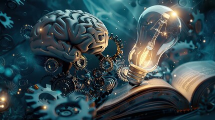 A collage of a brain surrounded by turning gears, with a lightbulb illuminating from an open book