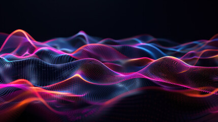 a black background with a few neon colors waves, geometric waves shapes, dark blue, purple, black.