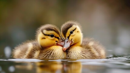 Two cute little ducklings swimming on a pond in the sunshine. Wildlife Concept