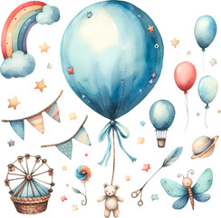 watercolor balloons with bows and stars, perfect for party decorations, cards, and prints