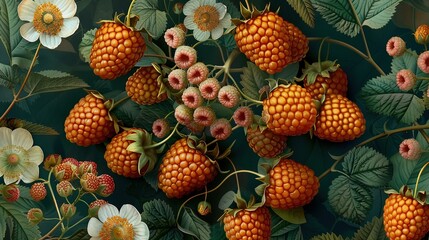 Fototapeta premium A painting featuring strawberries and flowers, with leaves and petals adorning the sides of the canvas