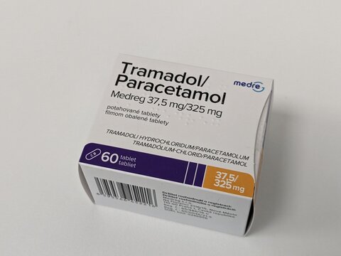 Prague, Czech Republic - July 10 2024: Tramadol Paracetamol Medreg box of medication with tramadol and paracetamol active substances by Medreg, used for treatment of moderate to severe pain.