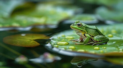 A frog is sitting on a lily pad in a pond. Wild concept