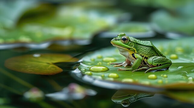 A frog is sitting on a lily pad in a pond. Wild concept