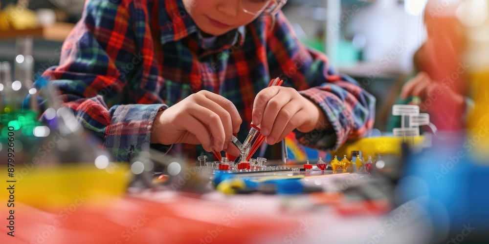 Poster close up of smart children hands learning about science by using toy in stem science lesson. skilled
