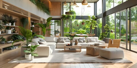 Modern Living Room with Biophilic Design Featuring Wood Floors, Lush Plants, and Cozy Seating. Concept Biophilic Design, Modern Living Room, Wood Floors, Lush Plants, Cozy Seating